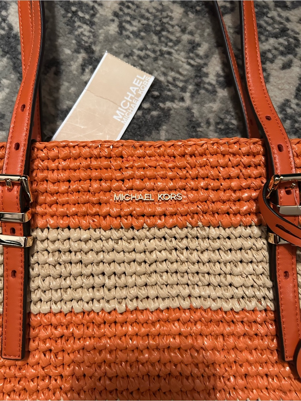 Michael Kors Orange and Cream Striped Straw Tote with Leather Straps - Picture 2 of 4